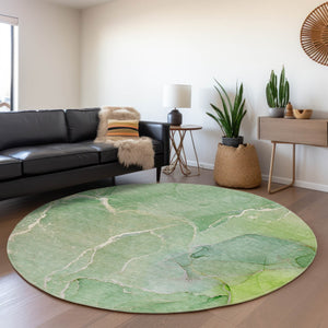 HomeRoots 8' Green and Ivory Abstract Round Rug - Durable, Washable, UV-Protected, Perfect for High-Traffic Areas 646981