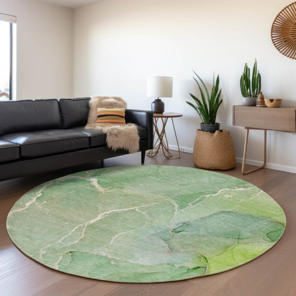 HomeRoots 8' Green and Ivory Abstract Round Rug - Durable, Washable, UV-Protected, Perfect for High-Traffic Areas 646981