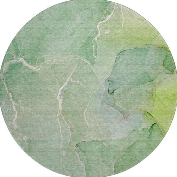 HomeRoots 8' Green and Ivory Abstract Round Rug - Durable, Washable, UV-Protected, Perfect for High-Traffic Areas 646981