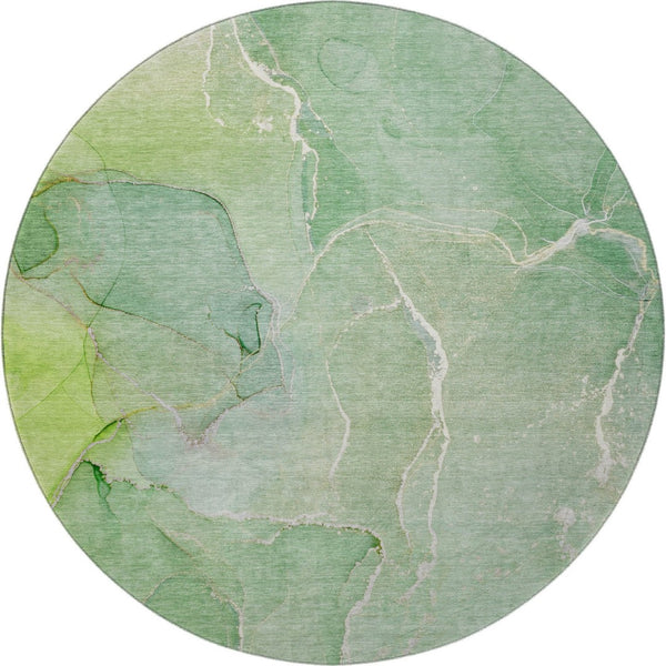 HomeRoots 8' Green and Ivory Abstract Round Rug - Durable, Washable, UV-Protected, Perfect for High-Traffic Areas 646981