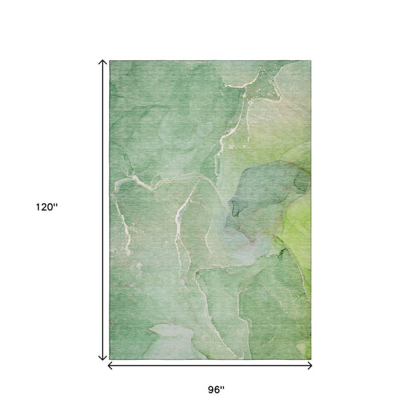 HomeRoots 8' X 10' Green & Ivory Abstract Washable Area Rug - Durable, UV-Protected, Perfect for Busy Homes 646982