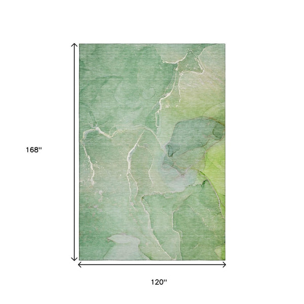 HomeRoots 10' X 14' Green And Ivory Abstract Area Rug – Washable, UV Protected, Durable, Perfect for Modern Spaces 646984