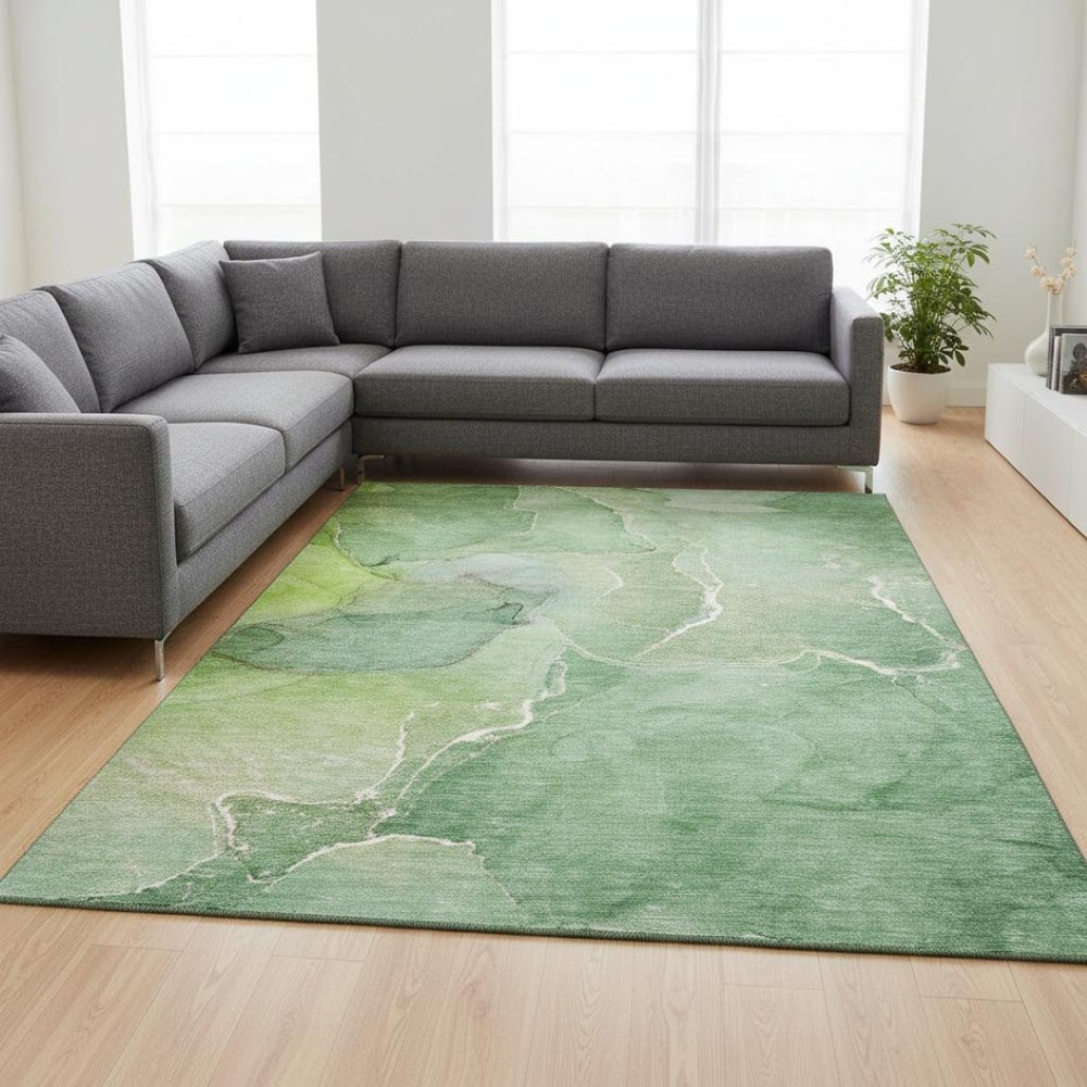 HomeRoots 10' X 14' Green And Ivory Abstract Area Rug – Washable, UV Protected, Durable, Perfect for Modern Spaces 646984