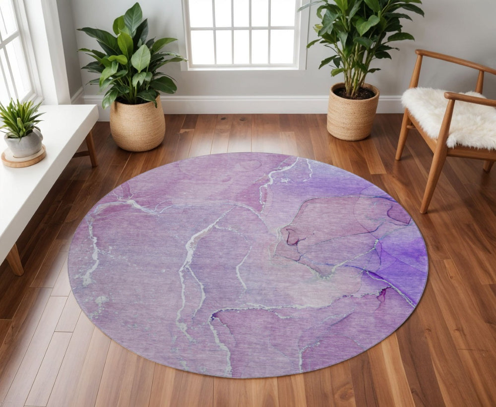 HomeRoots 8' Purple And Ivory Abstract Round Rug - Washable, UV Protected, Durable for High-Traffic Homes 646987