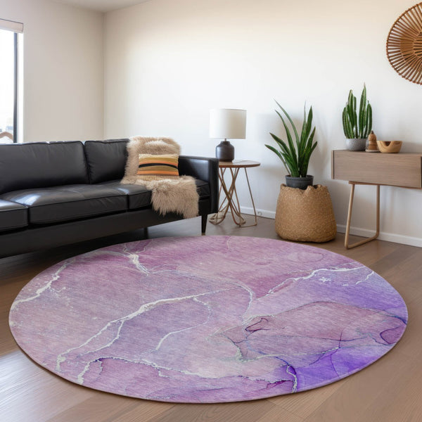 HomeRoots 8' Purple And Ivory Abstract Round Rug - Washable, UV Protected, Durable for High-Traffic Homes 646987