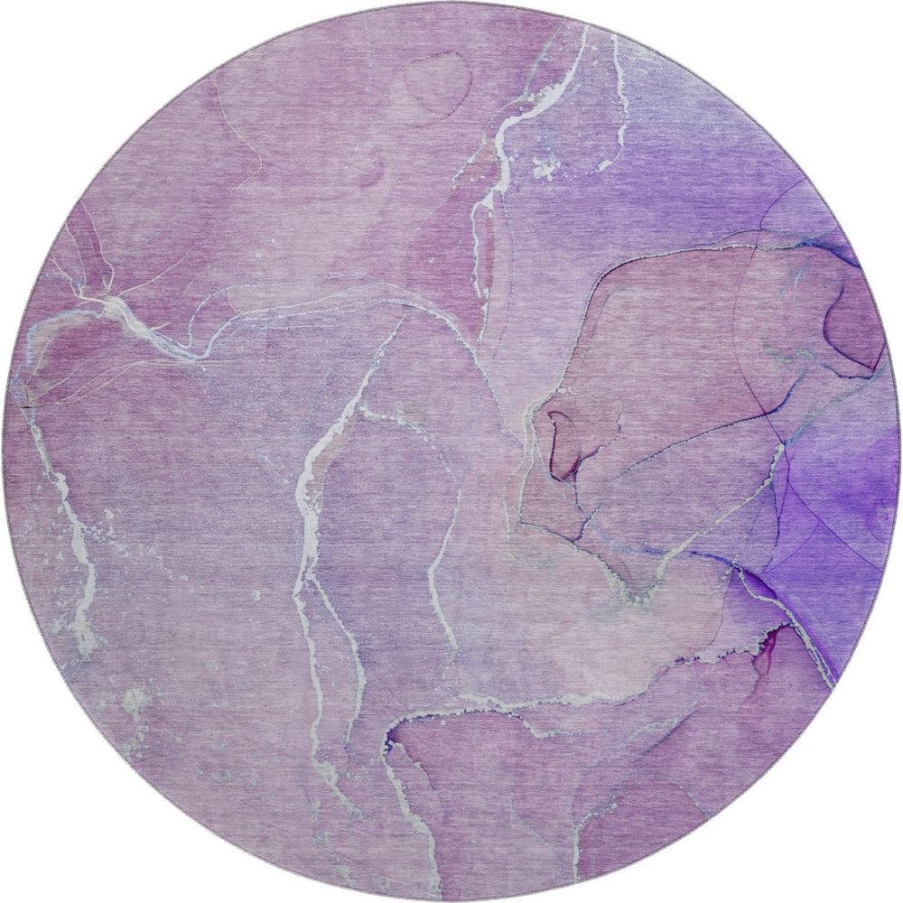 HomeRoots 8' Purple And Ivory Abstract Round Rug - Washable, UV Protected, Durable for High-Traffic Homes 646987