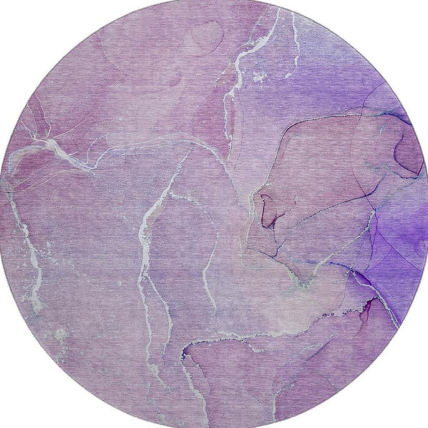 HomeRoots 8' Purple And Ivory Abstract Round Rug - Washable, UV Protected, Durable for High-Traffic Homes 646987
