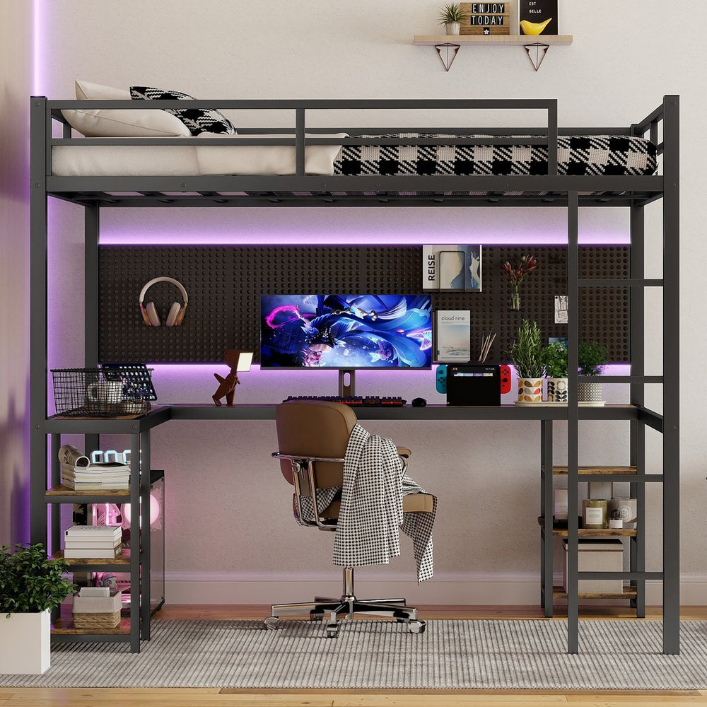 English Elm Full Xl Metal Loft Bed With Integrated Desk & Shelves – Stylish, Safe & Space-Saving Design In Black W1580S00046