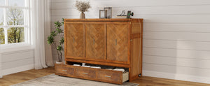 English Elm Queen Murphy Cabinet Bed Pine Wood Geometric Panels Usb Charging Guest Room Storage W504S00303
