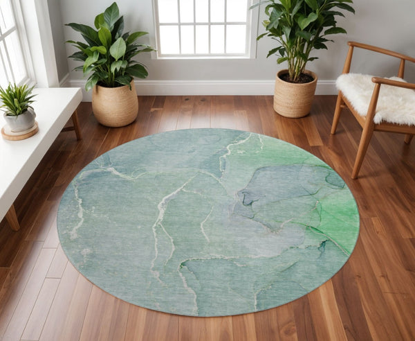 HomeRoots 8' Teal and Ivory Abstract Washable Round Rug - Durable, Stain-Resistant, UV Protected for Homes 646993