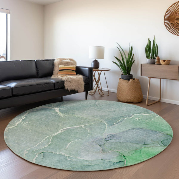 HomeRoots 8' Teal and Ivory Abstract Washable Round Rug - Durable, Stain-Resistant, UV Protected for Homes 646993