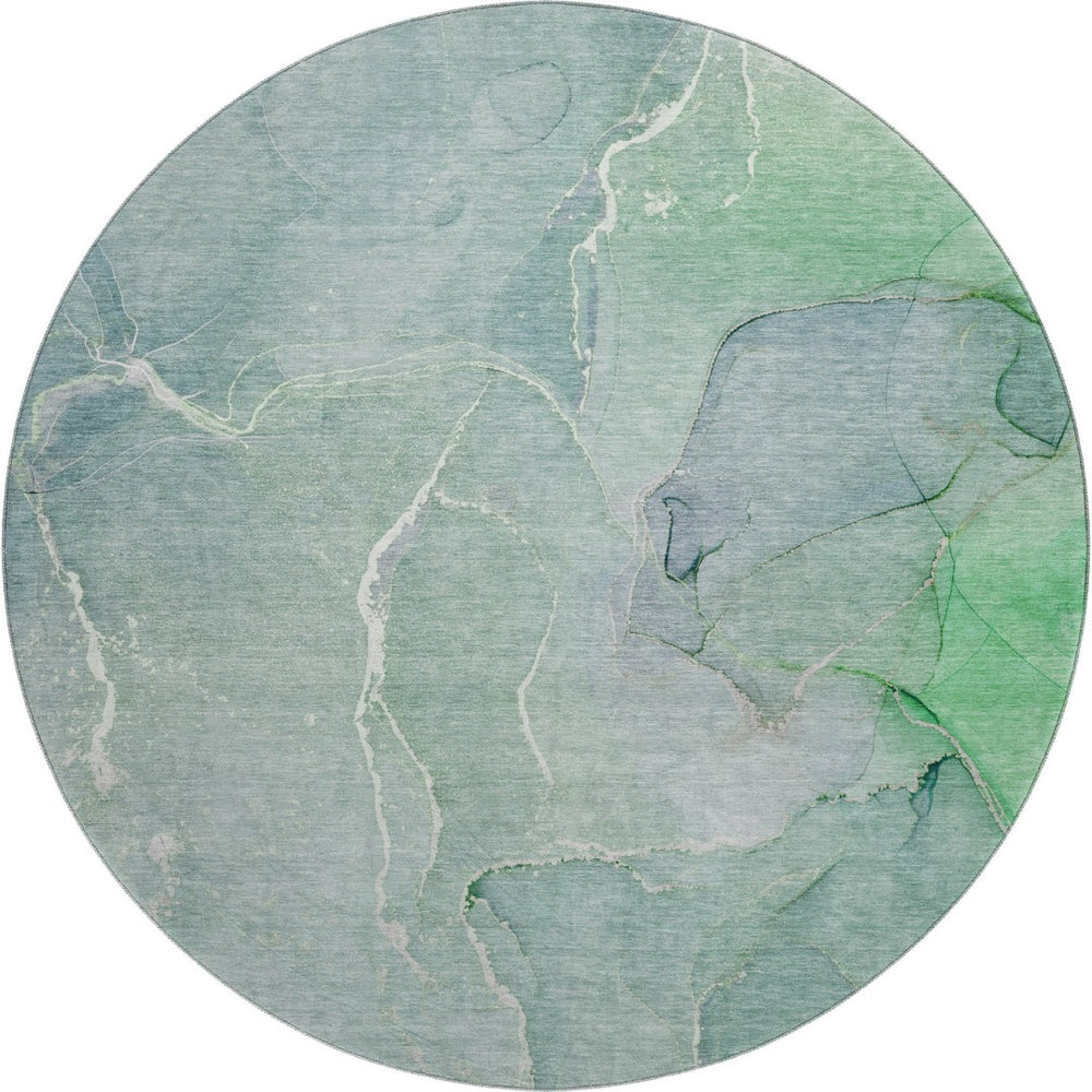 HomeRoots 8' Teal and Ivory Abstract Washable Round Rug - Durable, Stain-Resistant, UV Protected for Homes 646993