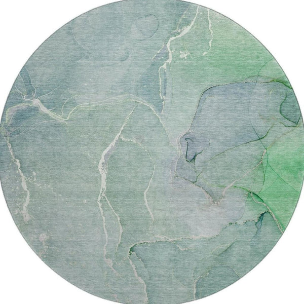 HomeRoots 8' Teal and Ivory Abstract Washable Round Rug - Durable, Stain-Resistant, UV Protected for Homes 646993