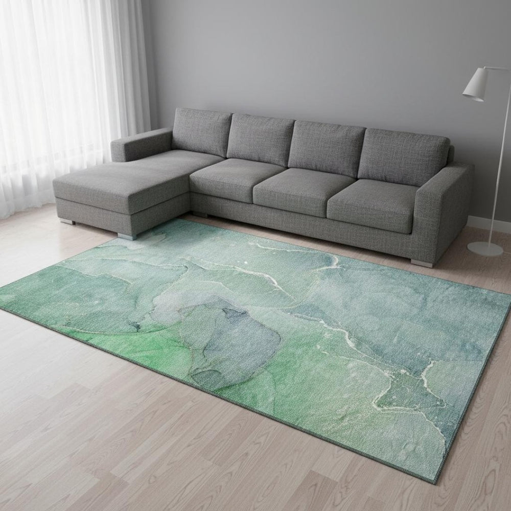 HomeRoots 8' X 10' Teal and Ivory Abstract Area Rug – Washable, UV Protected, Durable for High-Traffic Spaces 646994