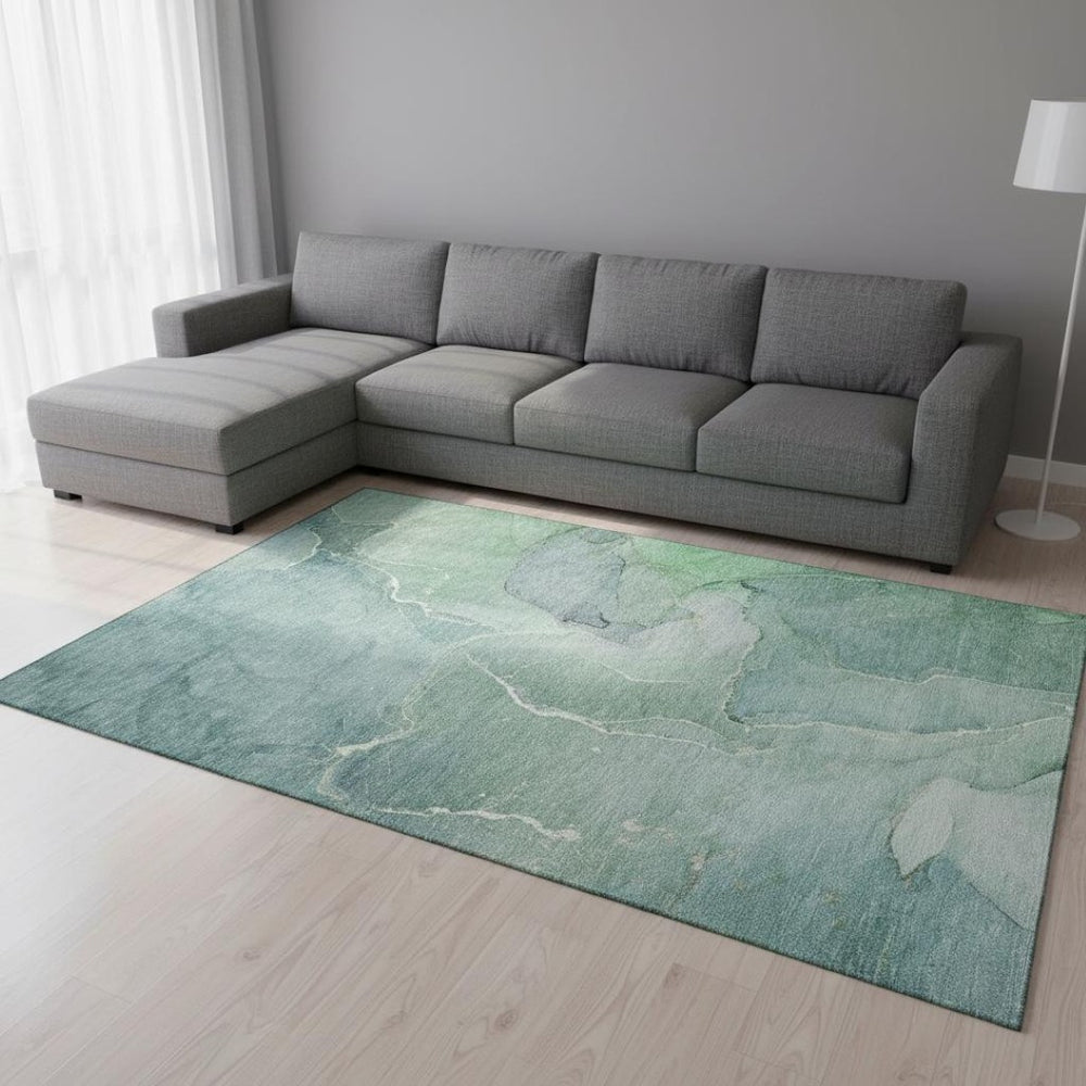 HomeRoots 9' X 12' Teal and Ivory Abstract Area Rug - Durable, Washable, UV Protected for Modern Living Spaces 646995