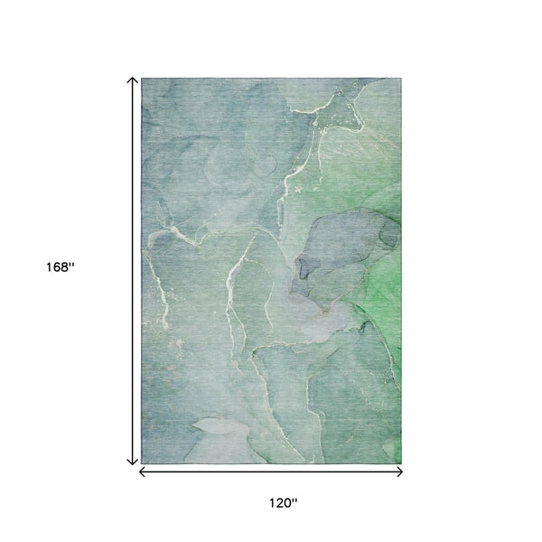 HomeRoots 10' X 14' Teal and Ivory Abstract Area Rug - Durable, Washable, UV-Protected for Kid & Pet-Friendly Homes 646996