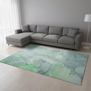 HomeRoots 10' X 14' Teal and Ivory Abstract Area Rug - Durable, Washable, UV-Protected for Kid & Pet-Friendly Homes 646996