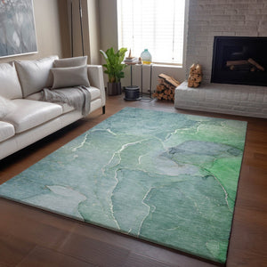 HomeRoots 10' X 14' Teal and Ivory Abstract Area Rug - Durable, Washable, UV-Protected for Kid & Pet-Friendly Homes 646996