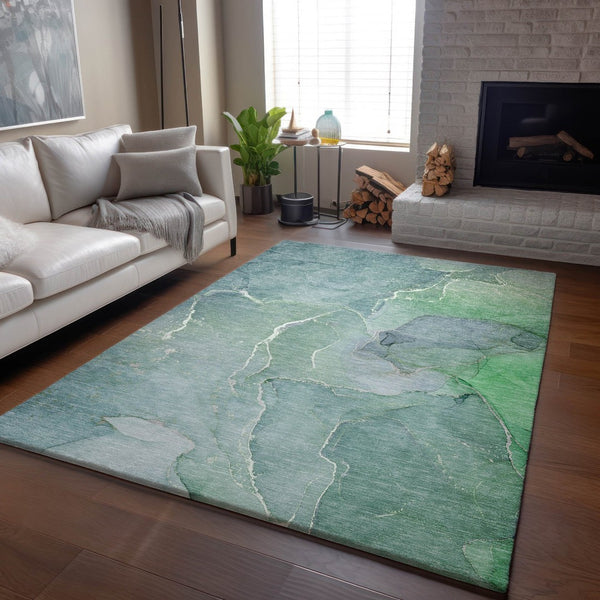 HomeRoots 10' X 14' Teal and Ivory Abstract Area Rug - Durable, Washable, UV-Protected for Kid & Pet-Friendly Homes 646996