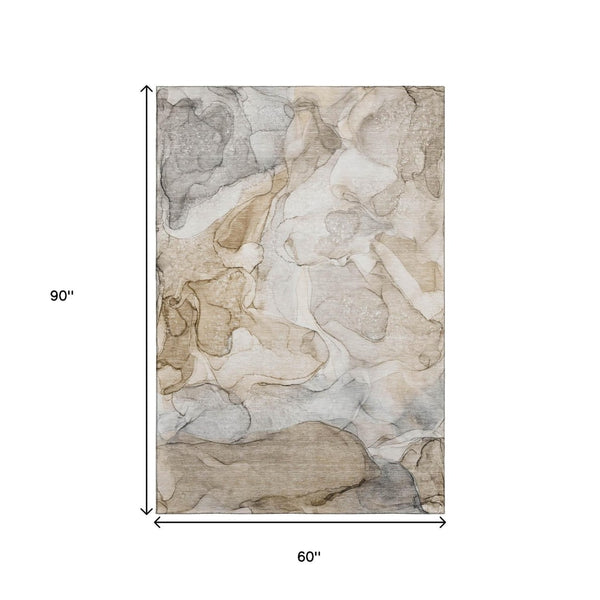 HomeRoots 5' X 8' Beige And Ivory Abstract Washable Area Rug – Durable, UV-Protected, Modern Design for Homes 646998