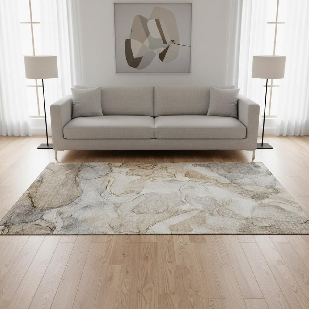 HomeRoots 5' X 8' Beige And Ivory Abstract Washable Area Rug – Durable, UV-Protected, Modern Design for Homes 646998
