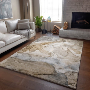 HomeRoots 5' X 8' Beige And Ivory Abstract Washable Area Rug – Durable, UV-Protected, Modern Design for Homes 646998