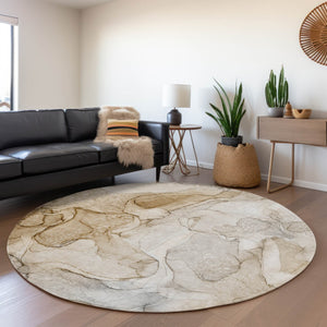 HomeRoots 8' Beige and Ivory Abstract Washable Round Rug - Durable, Stylish, Fade-Resistant for Modern Homes 646999
