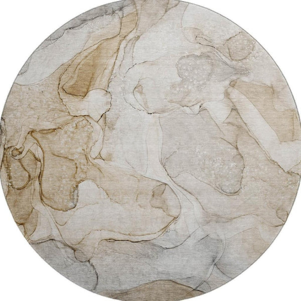 HomeRoots 8' Beige and Ivory Abstract Washable Round Rug - Durable, Stylish, Fade-Resistant for Modern Homes 646999