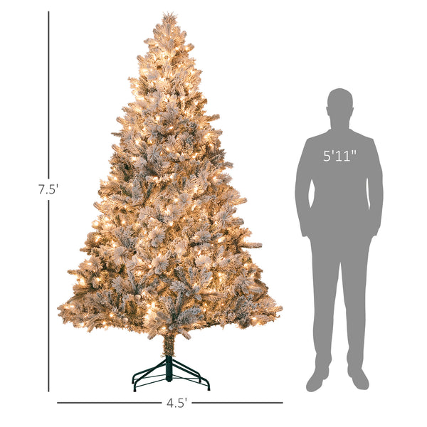 English Elm Homcom 7.5 Ft Snow Flocked Christmas Tree With 500 Warm Lights, Lifelike Hinged Design For Holidays W2225P249672