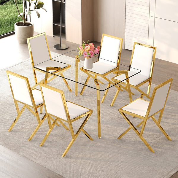 English Elm Table Set Oval Tempered Glass Top with Six Shell Back Pu Chairs Modern Dining Room Transparent,White+Gold W1151S04793