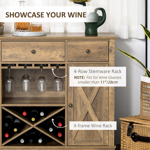 English Elm Homcom Rustic Oak Farmhouse Coffee Bar Cabinet With Wine Rack, Drawers & Versatile Storage Solutions W2225P217399