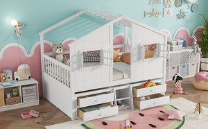 English Elm Full Size House Loft Bed With Roof & Windows, 4 Storage Drawers, Pine Wood, Safe Guardrails & Ladder W504S00242