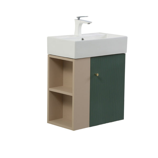 English Elm 21.6" Wall Mounted Sage Green Vanity Base with Open Shelf and Gold Hardware W1920P446814