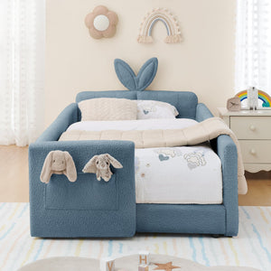 English Elm Twin Upholstered Platform Bed with Rabbit Ear Headboard, Safety Rail & Pocket, Bouclé Sofa Bed Design Baby Blue W1413P307371