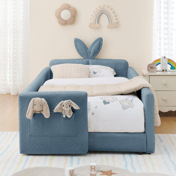 English Elm Twin Upholstered Platform Bed with Rabbit Ear Headboard, Safety Rail & Pocket, Bouclé Sofa Bed Design Baby Blue W1413P307371