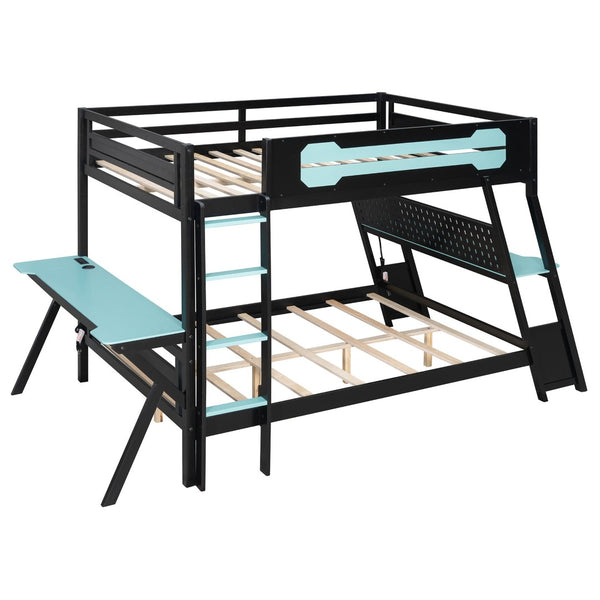 English Elm Full Size Gaming Bunk Bed with Dual Desks Usb Charging Ports and Pegboard Storage Blue LT000274AAC