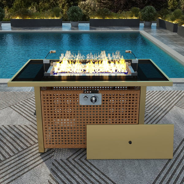 English Elm K&K 43" Propane Gas Fire Pit Table 60000 BTU Open Weave Wicker with Glass Wind Guard & Blue Stones orange-yellow N707P210158Z