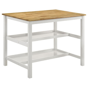 English Elm Cowichan Farmhouse Kitchen Island with Butcher Block Top Open Shelves and Pot Rack B062S01487