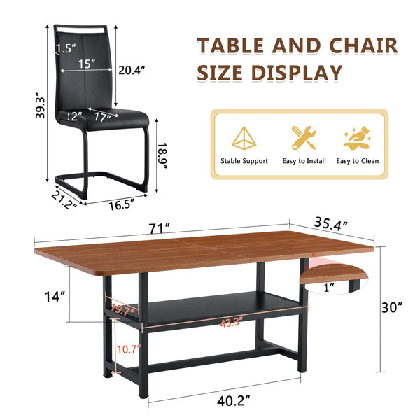 English Elm Table And Chair Set: 71" Walnut Grain Dining Table With 8 Stylish Black Pu Chairs & Storage Shelf W1151S04279-GIGA