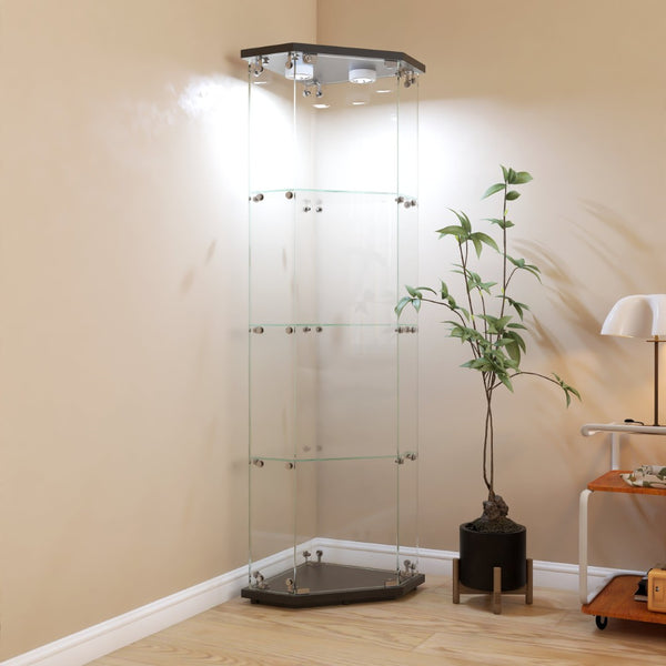 English Elm Lighted Corner Display Cabinet Four Tempered Glass Shelves Led Lit Living Room Tower Black W1510P436489