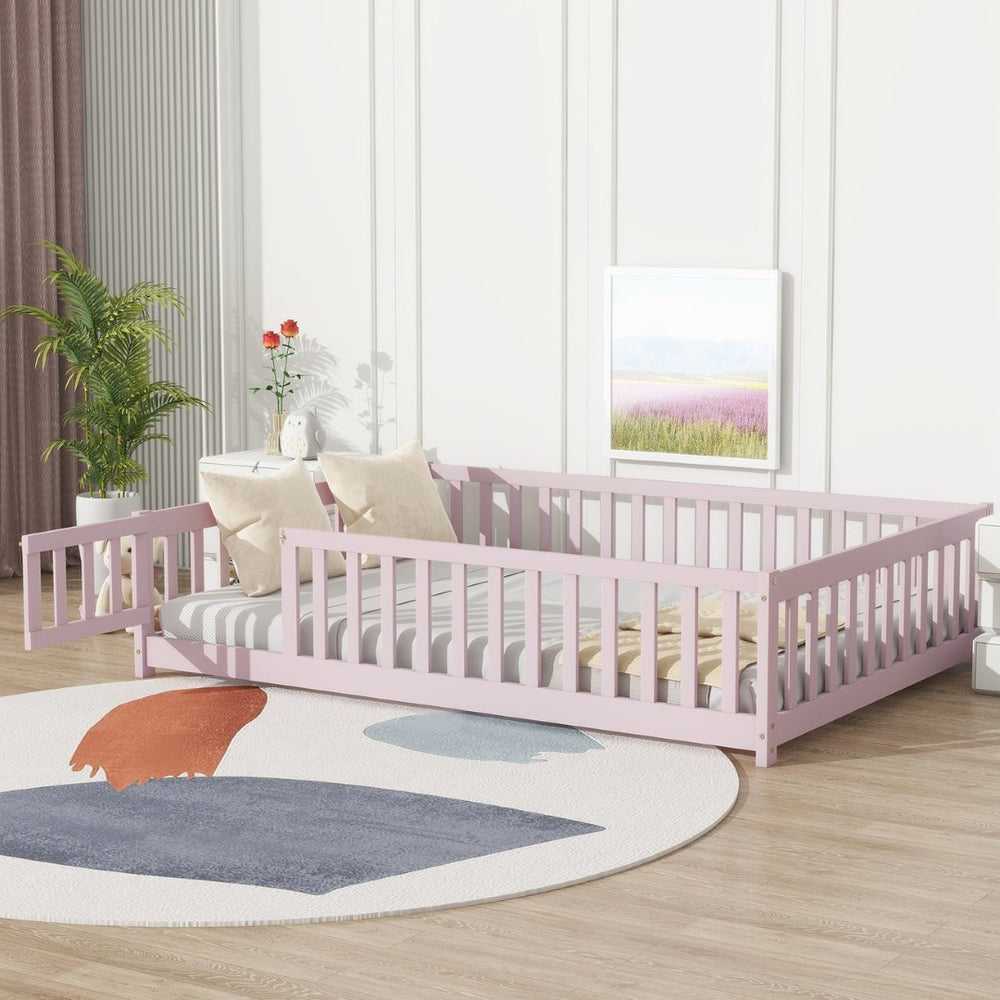 English Elm Twin Solid Rubberwood Floor Bed with Full Perimeter Safety Rails for Toddler Rooms Pink W504P296791