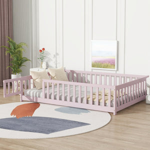 English Elm Twin Solid Rubberwood Floor Bed with Full Perimeter Safety Rails for Toddler Rooms Pink W504P296791