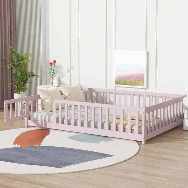 English Elm Twin Solid Rubberwood Floor Bed with Full Perimeter Safety Rails for Toddler Rooms Pink W504P296791