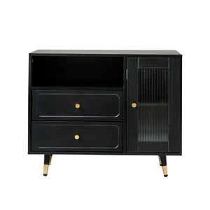 English Elm Modern Makeup Vanity Desk with LED 3-Color Mirror, Built-In Power Station, Sliding Cabinet, Stool Black N844P288432B