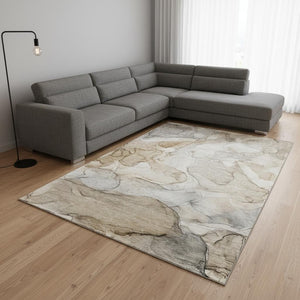 HomeRoots 8' X 10' Beige & Ivory Abstract Area Rug - Washable, Stain Resistant, UV Protected for High Traffic Spaces 647000