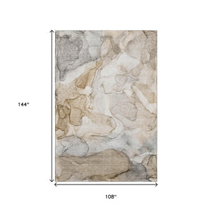 HomeRoots 9' X 12' Beige and Ivory Abstract Washable Area Rug with UV Protection for Modern Living Spaces 647001