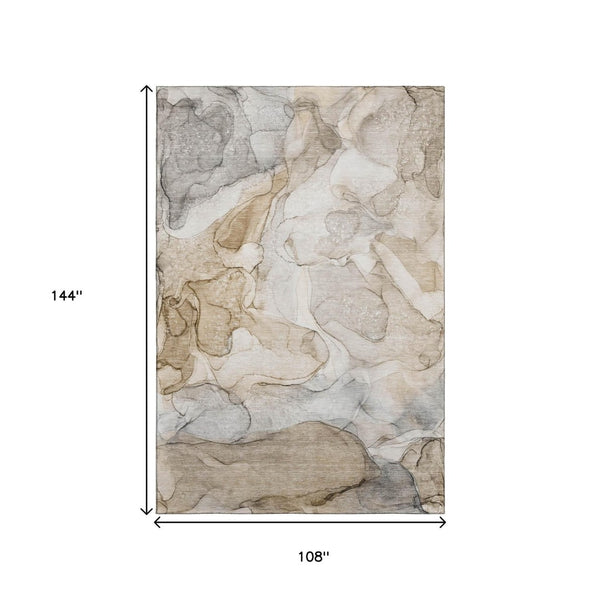 HomeRoots 9' X 12' Beige and Ivory Abstract Washable Area Rug with UV Protection for Modern Living Spaces 647001