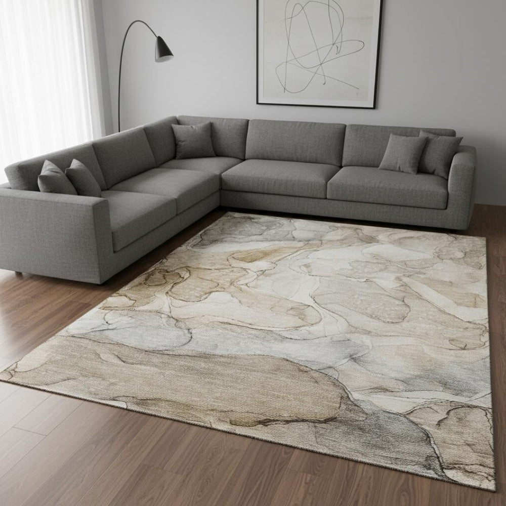 HomeRoots 9' X 12' Beige and Ivory Abstract Washable Area Rug with UV Protection for Modern Living Spaces 647001