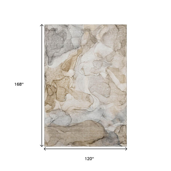 HomeRoots 10' X 14' Beige And Ivory Abstract Area Rug - Washable, Stain-Resistant, UV-Protected for Homes 647002