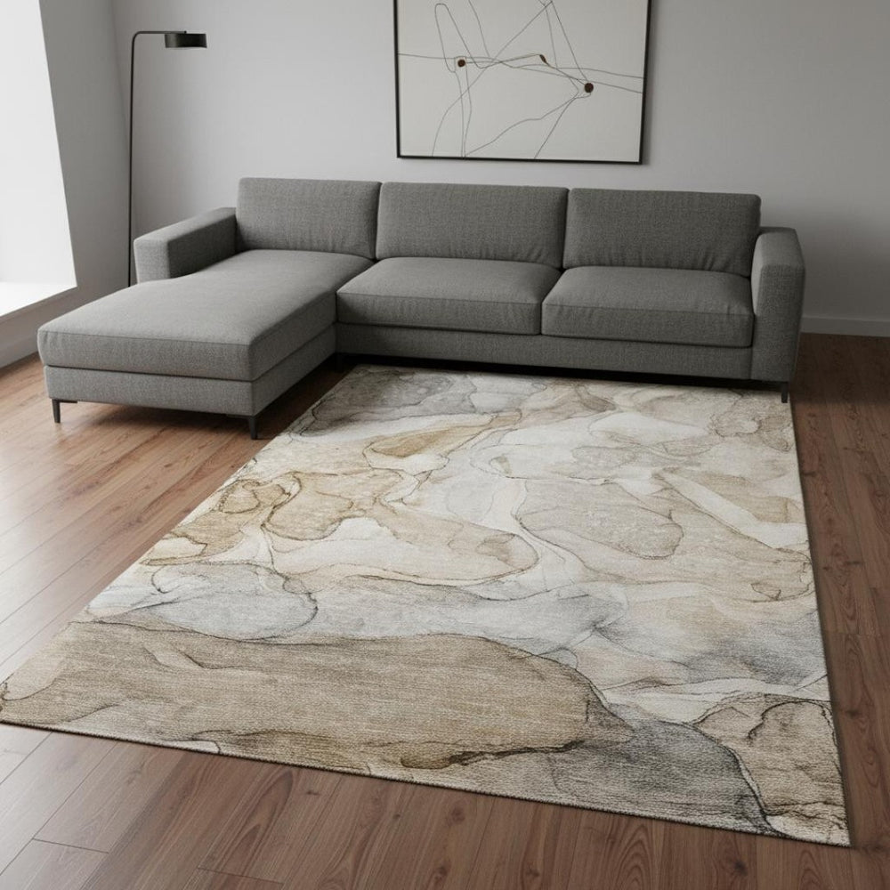 HomeRoots 10' X 14' Beige And Ivory Abstract Area Rug - Washable, Stain-Resistant, UV-Protected for Homes 647002